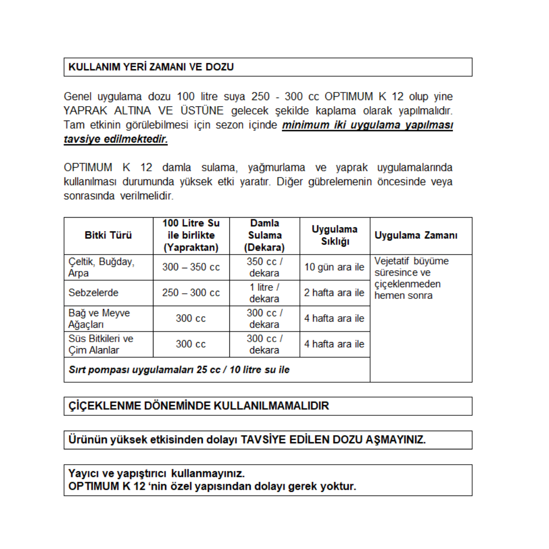 ARELCHEM OPTIMUM K12 (POTASYUM ÇÖZELTİSİ BİTKİ ÖZ SAVUNMA ARTIRICI) 1 LT'LİK AMBALAJDA