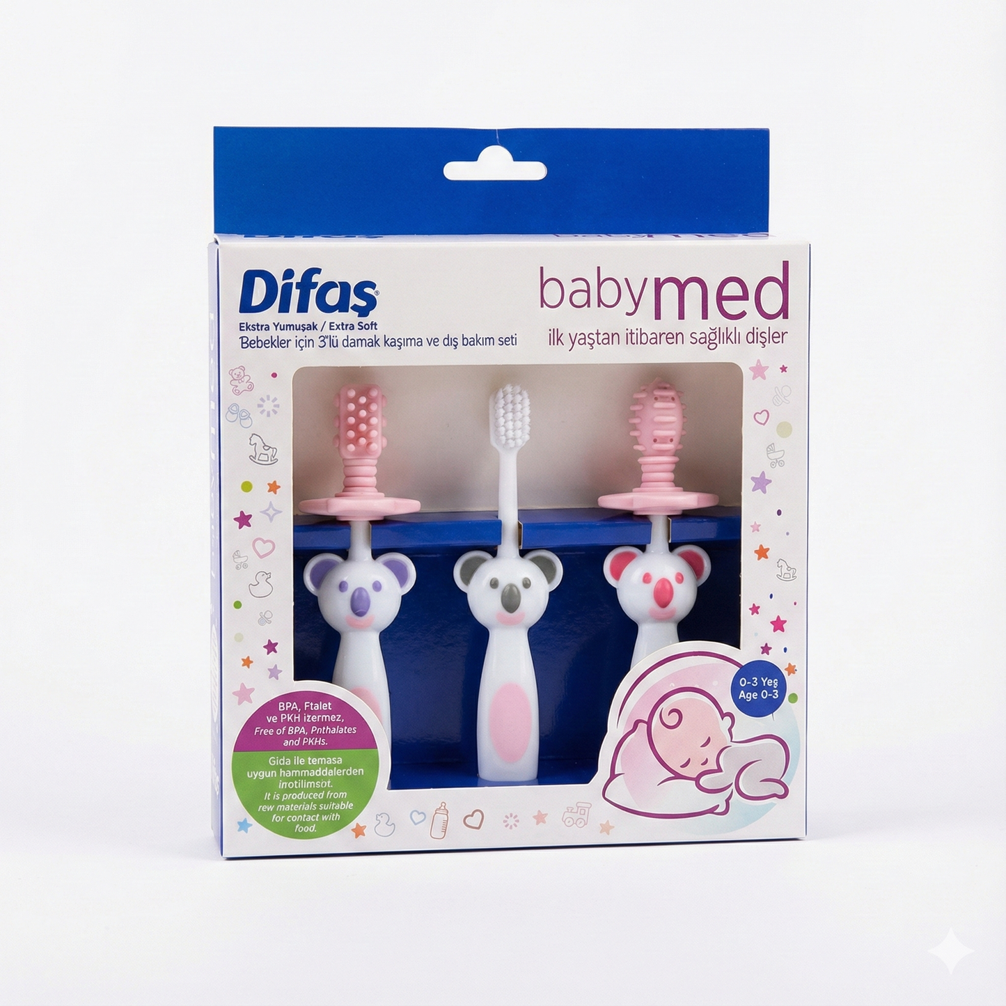 Difaş Babymed Ekstra Yumuşak Bebek Diş Fırçası ve Damak Kaşıyıcı 3'lü Set (0-3 Yaş)