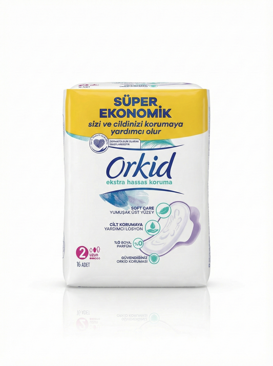 Orkid Ekstra Hassas Koruma 2 Uzun Hijyenik Ped 16'lı x 4 Paket (Toplam 64 Ped) - Süper Ekonomik Set