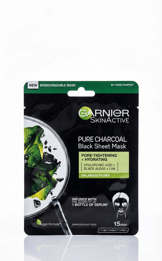 Garnier Saf Kömür Siyah Kağıt Yüz Maskesi - Gözenek Sıkılaştırıcı ve Nemlendirici Etki (Genişlemiş Gözenekler İçin)