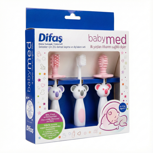 Difaş Babymed Ekstra Yumuşak Bebek Diş Fırçası ve Damak Kaşıyıcı 3'lü Set (0-3 Yaş)